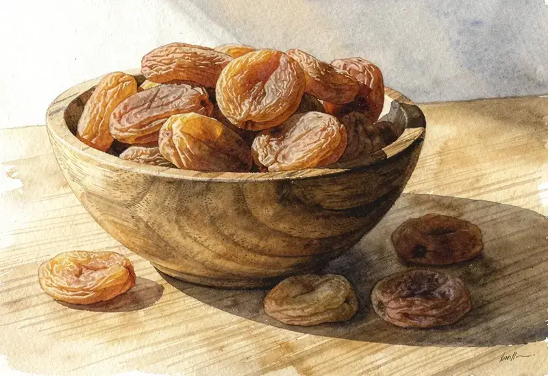 Photo d'abricots secs bruns disposés dans un bol en bois sur une table