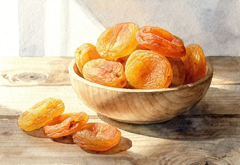 Photo d'abricots secs dorés dans un bol en bois posé sur une table rustique