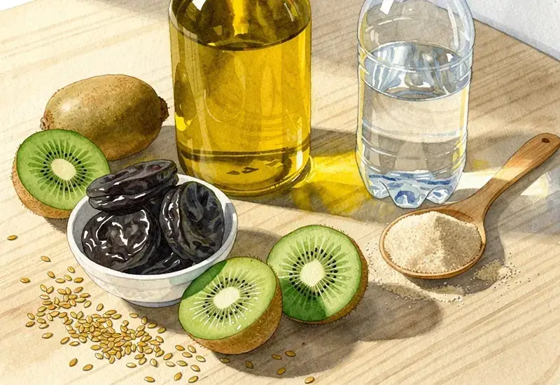 Photo d'aliments naturels aux propriétés laxatives disposés sur une table en bois : pruneaux, kiwis, graines de lin, huile d'olive et psyllium pour améliorer le transit intestinal