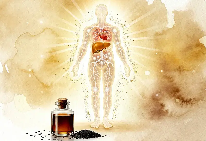 Illustration médicale montrant les effets bénéfiques de l'huile de nigelle sur le système immunitaire et les organes vitaux du corps humain