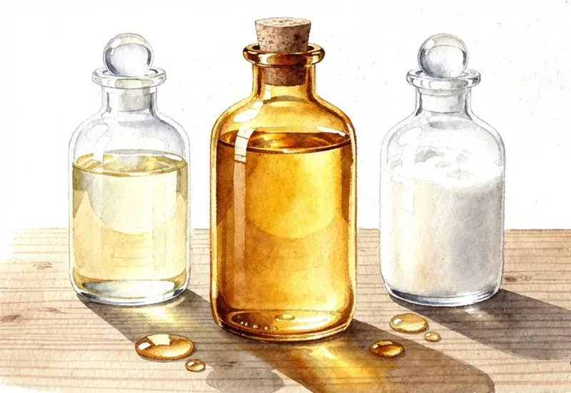 Flacons d'huiles végétales disposés côte à côte pour comparer l'huile d'argan dorée avec l'huile de jojoba et l'huile de coco