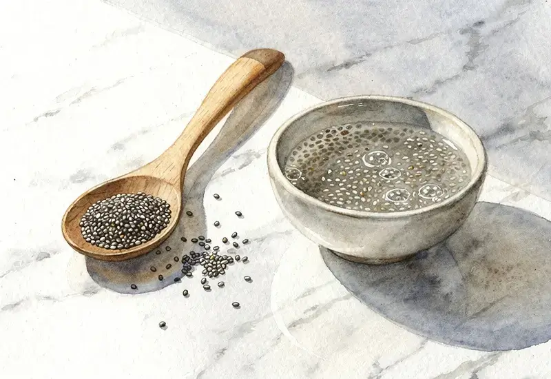 Photo d'une cuillère en bois contenant des graines de chia noires et blanches à côté d'un bol avec des graines gonflées dans l'eau