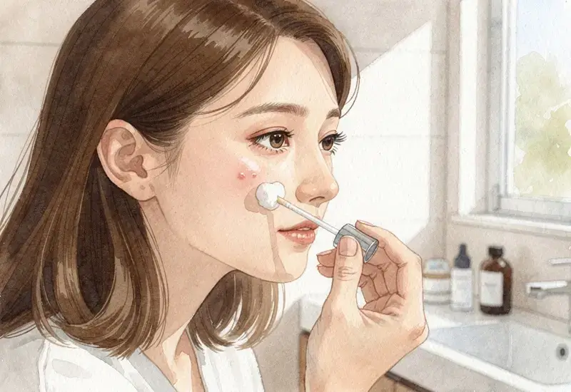 Femme appliquant de l'huile essentielle sur son visage avec un coton-tige dans une salle de bain