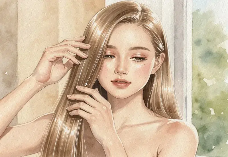 Femme aux cheveux longs appliquant de l'huile sur ses cheveux brillants et soyeux