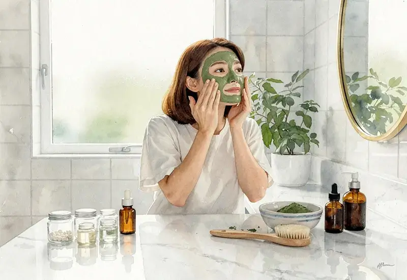 Femme appliquant un masque d'argile verte sur son visage dans une salle de bain moderne