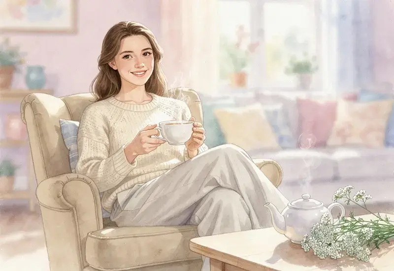 Femme détendue buvant une tisane d'achillée millefeuille dans un salon lumineux et confortable