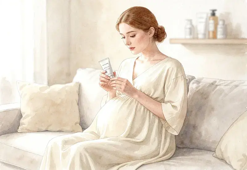 Femme enceinte tenant un produit cosmétique dans un salon, vérifiant les précautions d'emploi avant utilisation