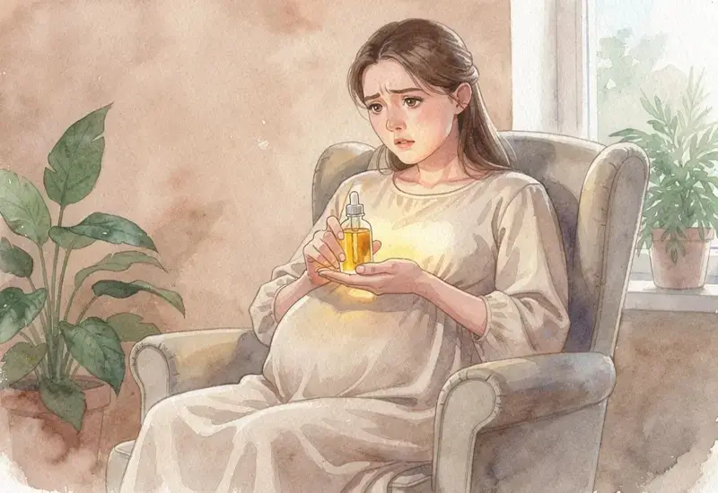 Femme enceinte tenant une bouteille d'huile végétale avec une expression dubitative