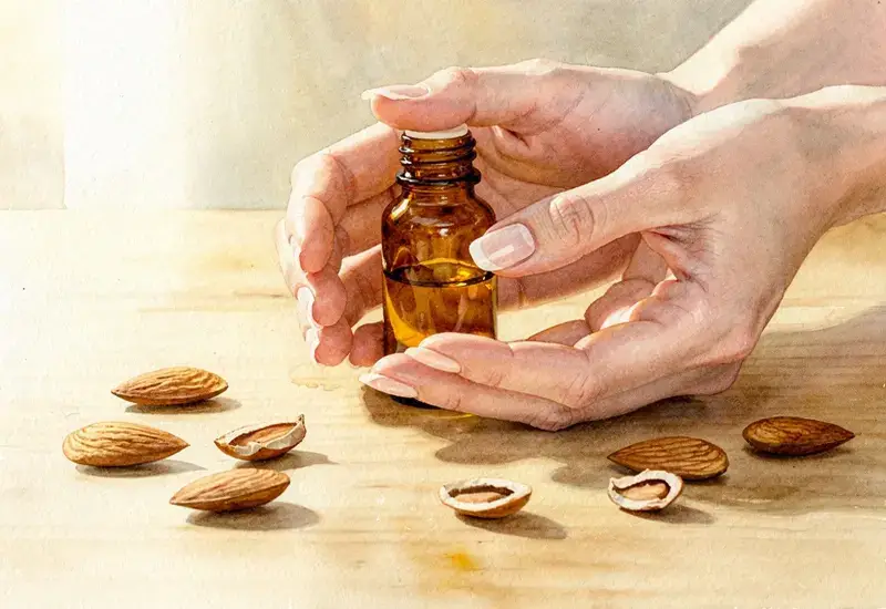 Photo de mains féminines tenant une petite bouteille en verre ambré d'huile d'amande douce entourée d'amandes fraîches sur une table en bois
