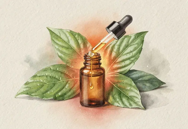 Fiole d'huile essentielle de gaulthérie avec feuilles fraîches illustrant les propriétés anti-inflammatoires