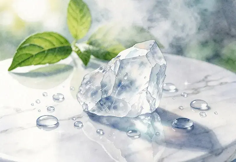 Pierre d'alun cristalline transparente posée sur marbre blanc avec gouttelettes d'eau, évoquant ses propriétés purifiantes et rafraîchissantes