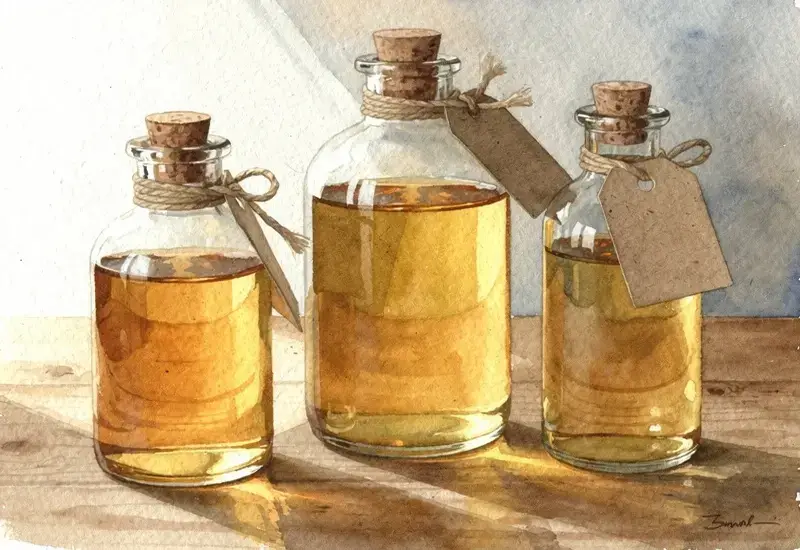 Photo de trois flacons en verre contenant différents types d'huile de lin disposés sur une surface en bois