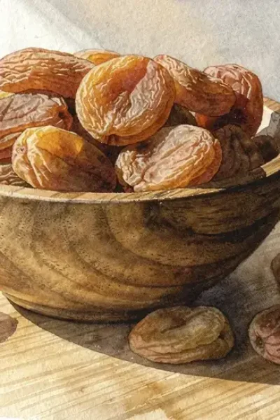 Photo d'abricots secs bruns disposés dans un bol en bois sur une table