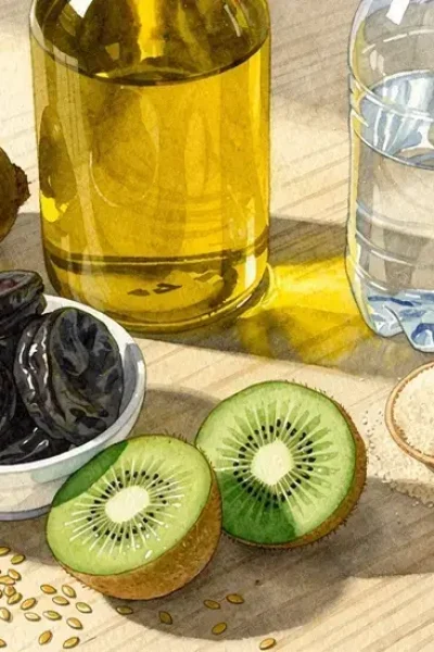 Photo d'aliments naturels aux propriétés laxatives disposés sur une table en bois : pruneaux, kiwis, graines de lin, huile d'olive et psyllium pour améliorer le transit intestinal