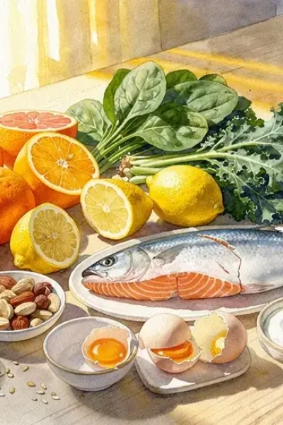 Photo d'aliments variés riches en vitamines disposés sur une table en bois avec éclairage naturel