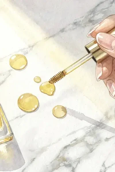 Mains appliquant de l'huile dorée sur les ongles avec une brosse à mascara pour un soin beauté