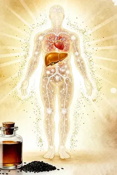 Illustration médicale montrant les effets bénéfiques de l'huile de nigelle sur le système immunitaire et les organes vitaux du corps humain