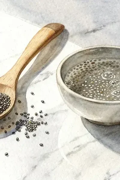 Photo d'une cuillère en bois contenant des graines de chia noires et blanches à côté d'un bol avec des graines gonflées dans l'eau