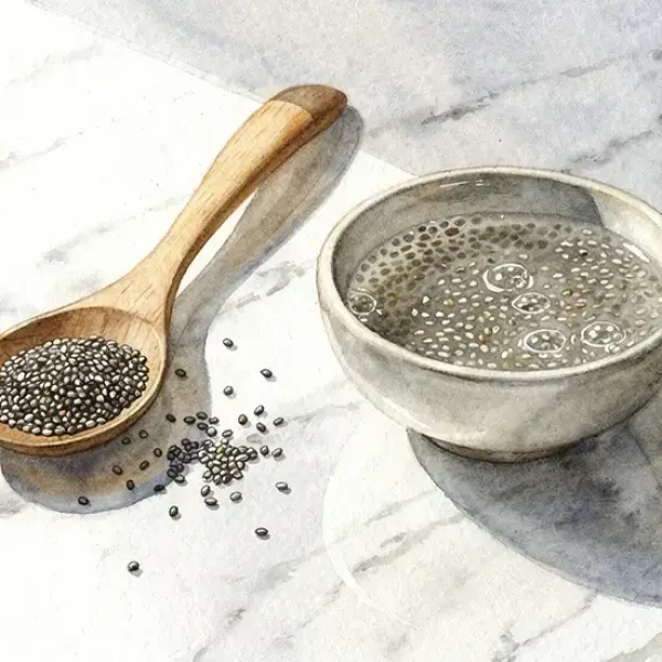 Photo d'une cuillère en bois contenant des graines de chia noires et blanches à côté d'un bol avec des graines gonflées dans l'eau