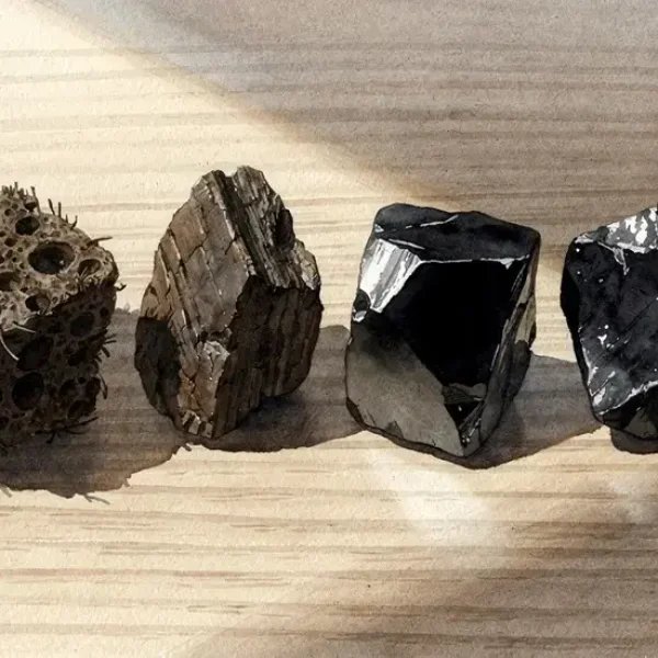 Photo d'échantillons de différents types de charbon disposés sur une table en bois, montrant la tourbe brune, le lignite brun-noir, le charbon bitumineux noir et l'anthracite noir brillant