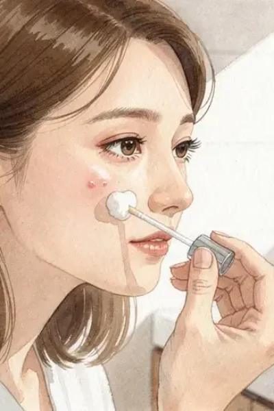 Femme appliquant de l'huile essentielle sur son visage avec un coton-tige dans une salle de bain