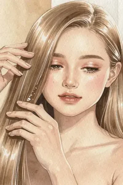 Femme aux cheveux longs appliquant de l'huile sur ses cheveux brillants et soyeux