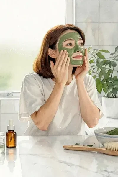 Femme appliquant un masque d'argile verte sur son visage dans une salle de bain moderne