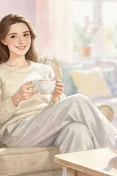 Femme détendue buvant une tisane d'achillée millefeuille dans un salon lumineux et confortable