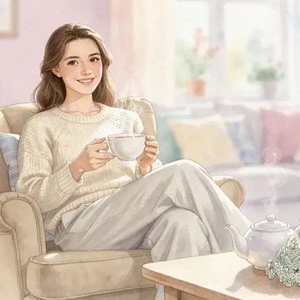 Femme détendue buvant une tisane d'achillée millefeuille dans un salon lumineux et confortable