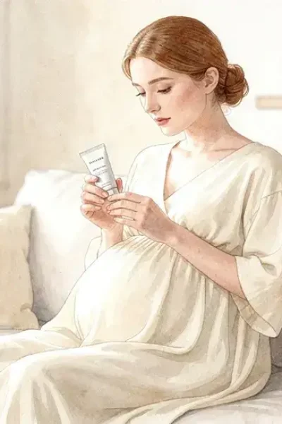 Femme enceinte tenant un produit cosmétique dans un salon, vérifiant les précautions d'emploi avant utilisation