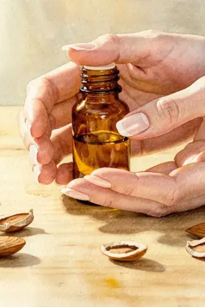 Photo de mains féminines tenant une petite bouteille en verre ambré d'huile d'amande douce entourée d'amandes fraîches sur une table en bois
