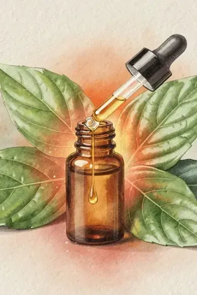 Fiole d'huile essentielle de gaulthérie avec feuilles fraîches illustrant les propriétés anti-inflammatoires