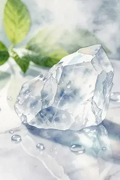 Pierre d'alun cristalline transparente posée sur marbre blanc avec gouttelettes d'eau, évoquant ses propriétés purifiantes et rafraîchissantes