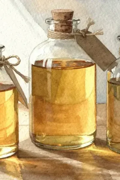 Photo de trois flacons en verre contenant différents types d'huile de lin disposés sur une surface en bois
